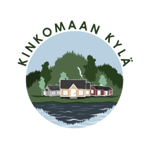 Pyöreän muotoinen Kinkomaan kylän logo, jossa taustalla korkeita mäkiä, niiden edessä vaaleita taloja ja etummaisena sininen järvi.